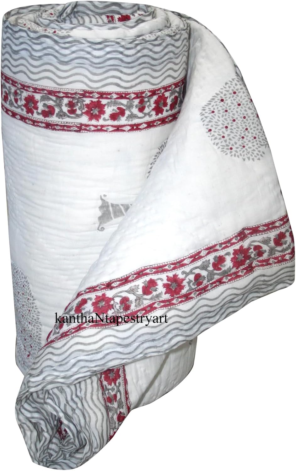 kanthaNtapestryart Pure Cotton Indian Jaipuri Bedspread Cotton Razai, Handmade Stiched Jaipuri Rajai, Jaipuri Quilt Razai - Rajai with Cotton Filling (Twin Size 60x90 Inch)