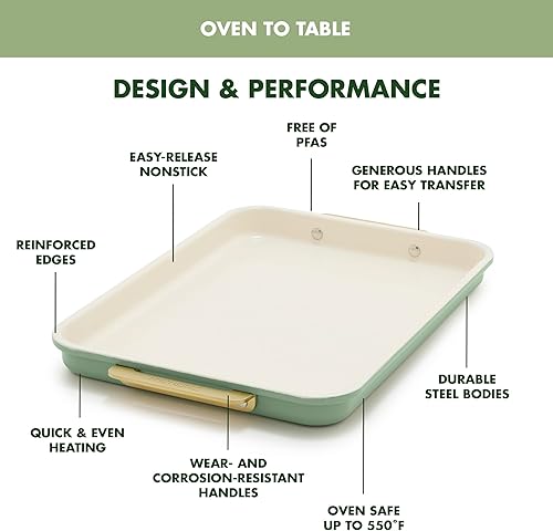 Miniatura 4 de GreenPan Bakeware - Bandeja cuarto de hoja de 13" x 9" pulgadas, bandeja antiadherente de cerámica para hornear, libre de PFAS y BPA, asas doradas,