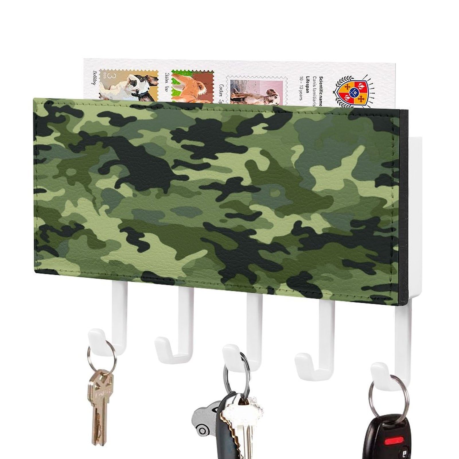 Fekiloot White-Style Camo Green Key Holder For Wall Decorative Mail Organizer With 5 Key Hook Self Adhesive Key Rack With Tray Coat Rack Wall Mount Key Hanger Decor For Entryway Door