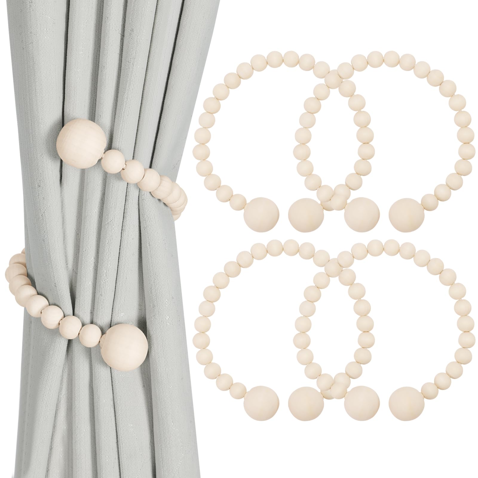KLOGTSIND Wood Bead Curtain Tiebacks, Curtain Tie Backs for Curtains 4 Pack, DIY Curtain Holdbacks for Thin or Thick Window Draperies, Twist Tie Backs