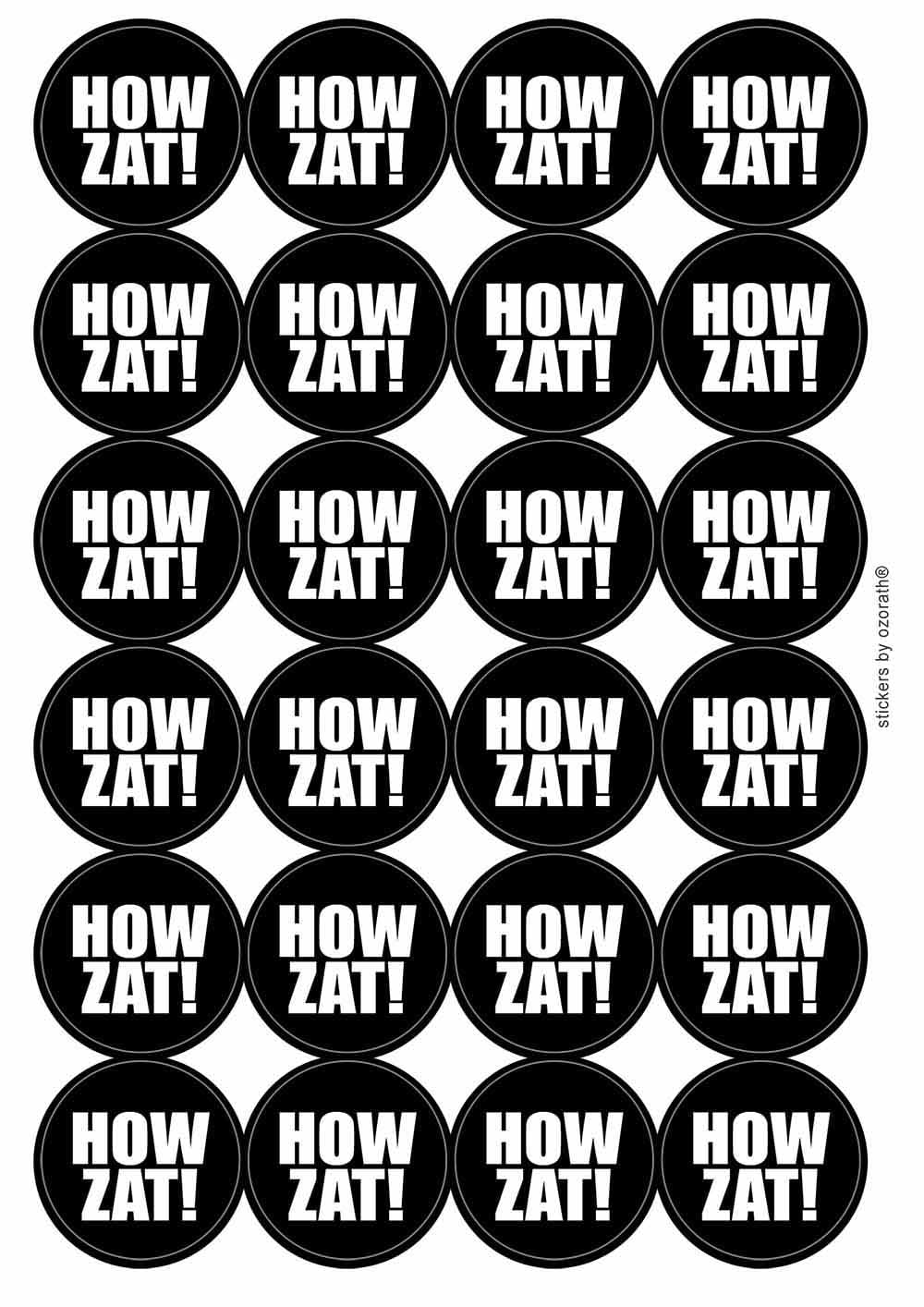 Howzat Cricket Circular Matt Paper Stickers A4 Sheet of 24 (Each Sticker is 45mm Diameter)