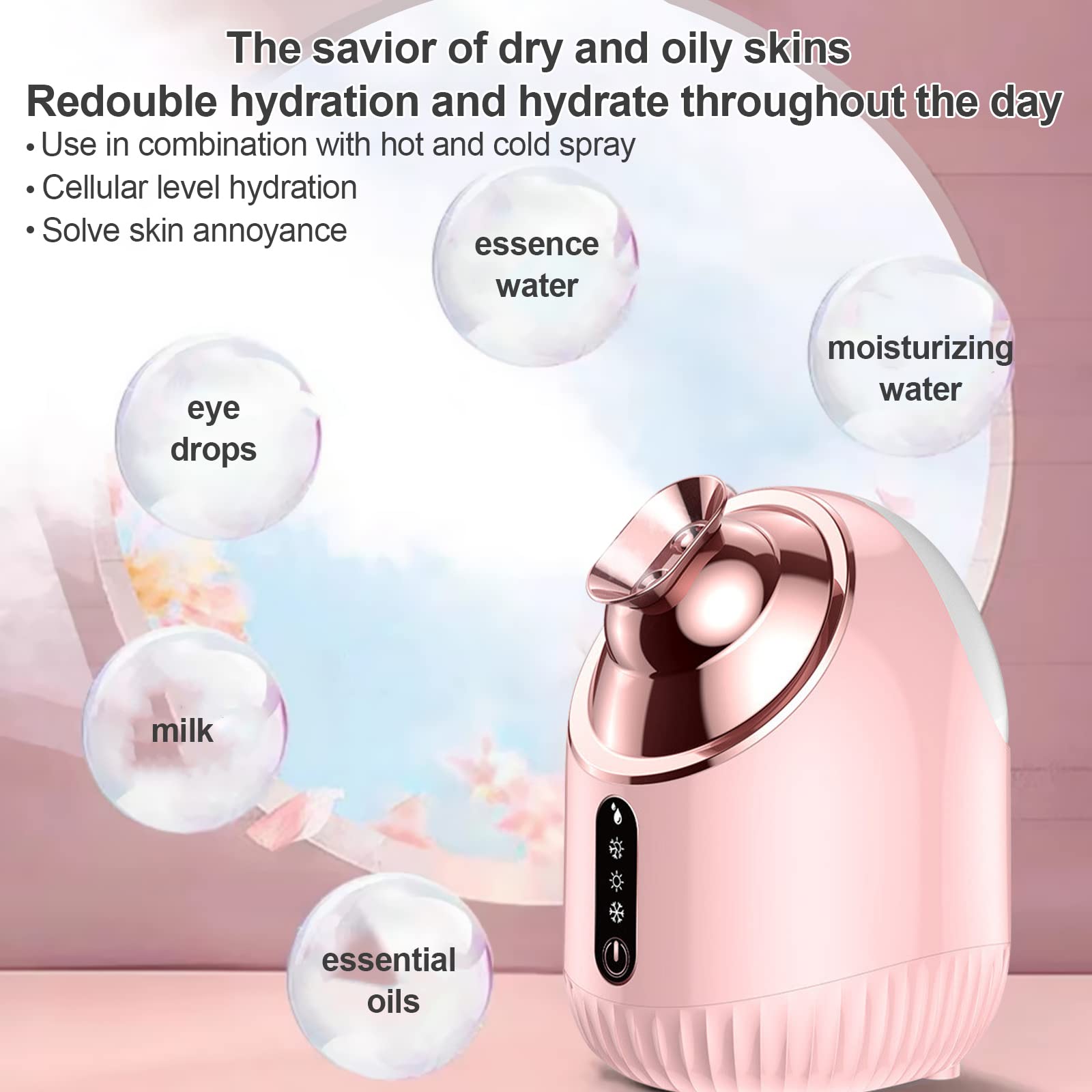 Vaporizador facial nano iónico con niebla fría, cálida y caliente, tanque de agua grande de 240 ml, humidificador facial pequeño, color rosa