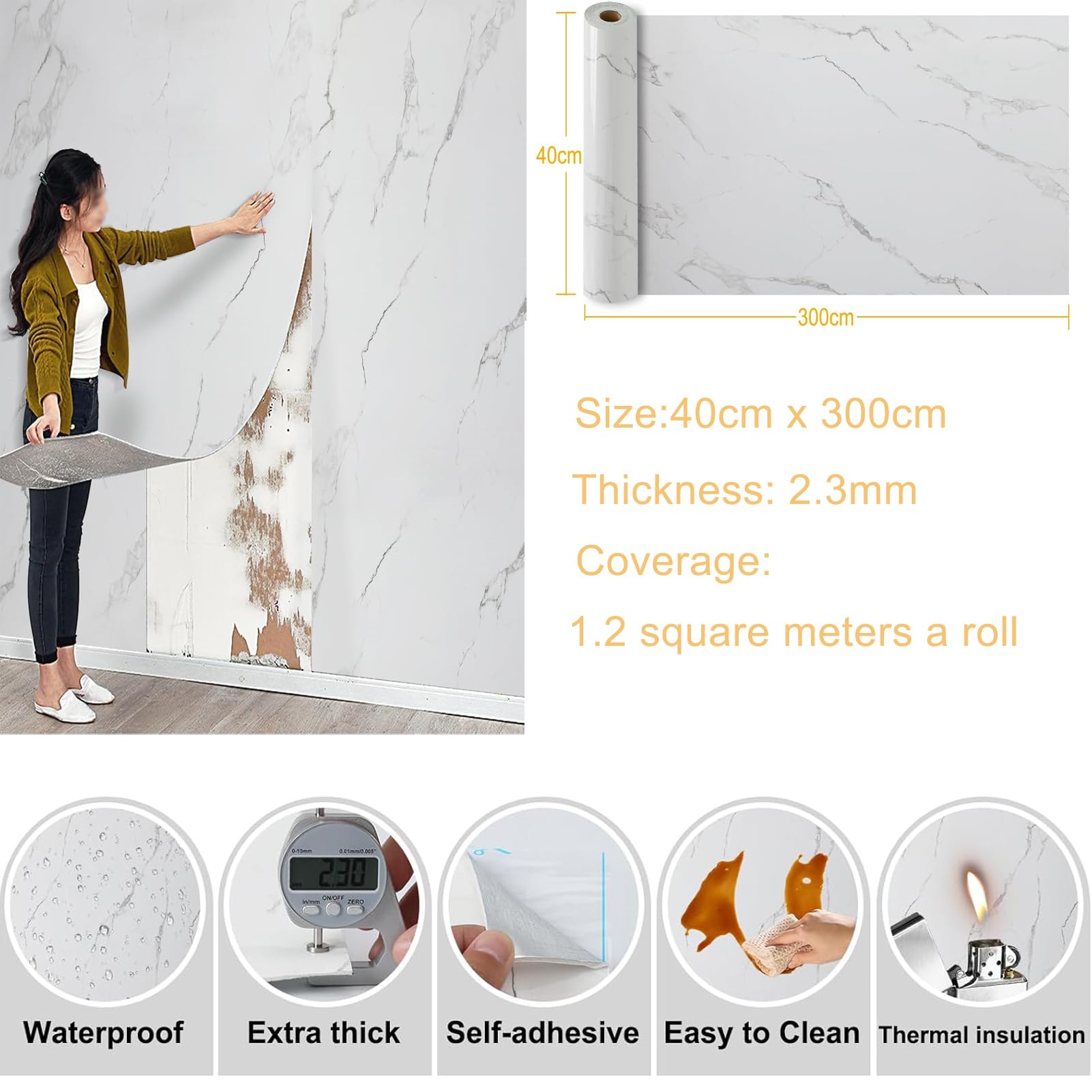 Panneaux Muraux Autocollants Effet Marbre 40x300cm 2,3mm Étanches Salle de Bain Cuisine