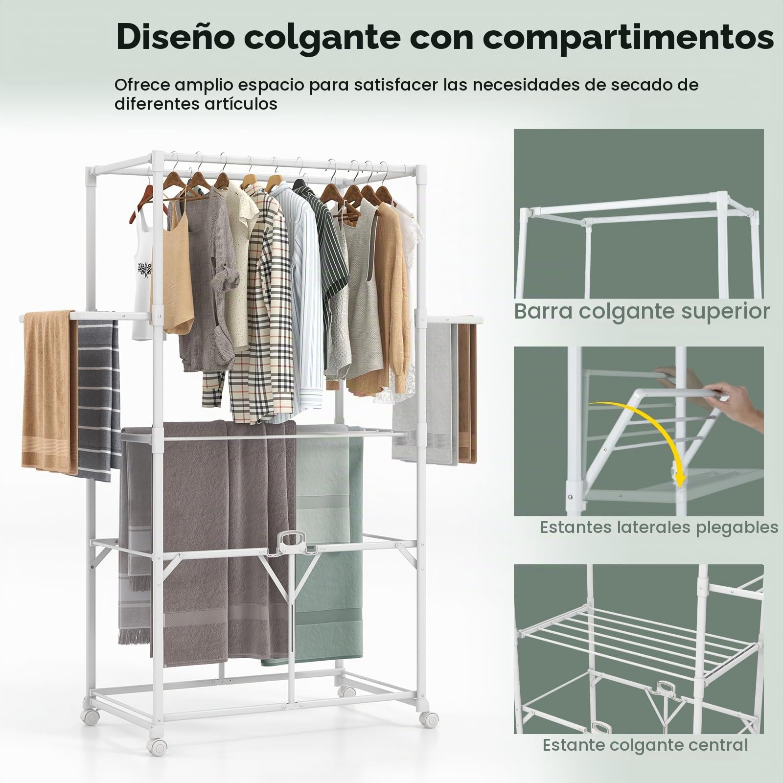 GIANTEX Tendedero Vertical Plegable con Ruedas, Barras para Colgar, 2 Alas Abatibles y Estante Extraíble, Tendedero Portátil para Interior y Exterior, 94 x 49 x 174 cm, Blanco