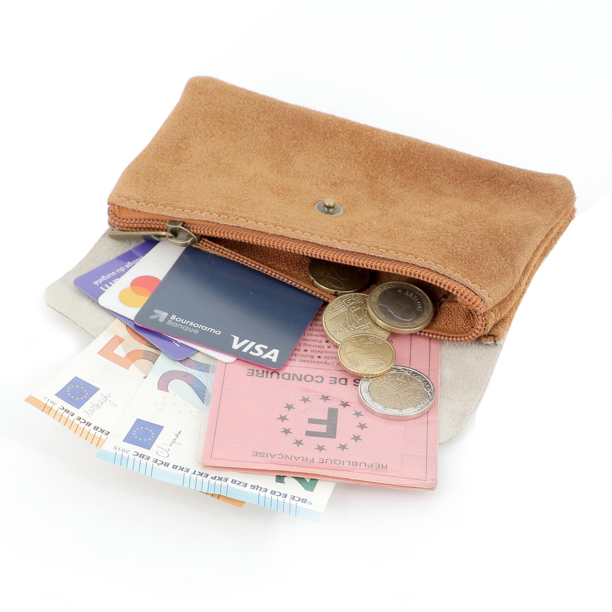 Double Tree - Porte-Monnaie Cartes Cuir Véritable Suède Irisé Femme - Portefeuille Pochette Rangement À Rabat - Format Mi-Long Taill M - Léger Pratique - Camel
