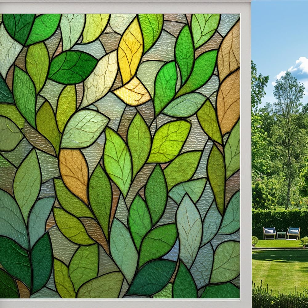 Abstract Botanical Frosted Window Film, Colorful Leaves Plants Stained Glass Privacy Film, Heat Insulation Self-Adhesive Vinyl for Bathroom Office, （80x120cm）