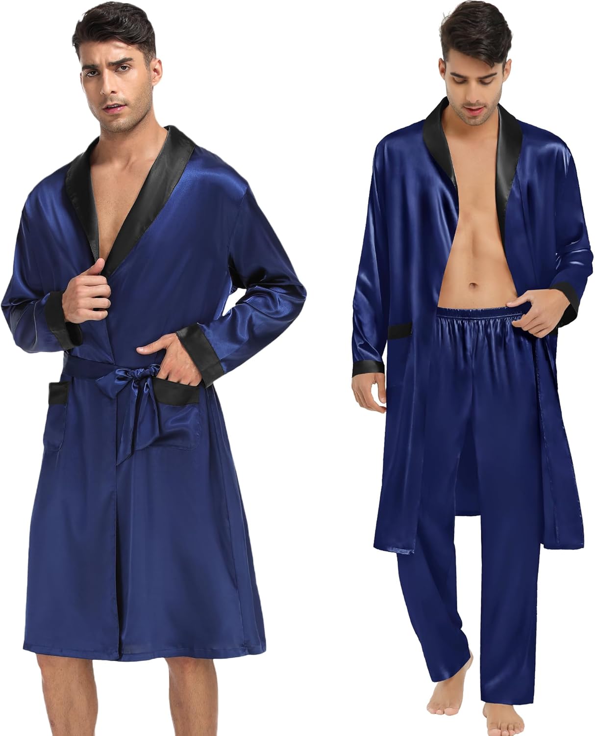 SWOMOG Men's 3 Pcs Robe Silk Satin Kimono Bathrobe with Shorts&Pants Set Lightweight Soft Sleepwear - Image 3
