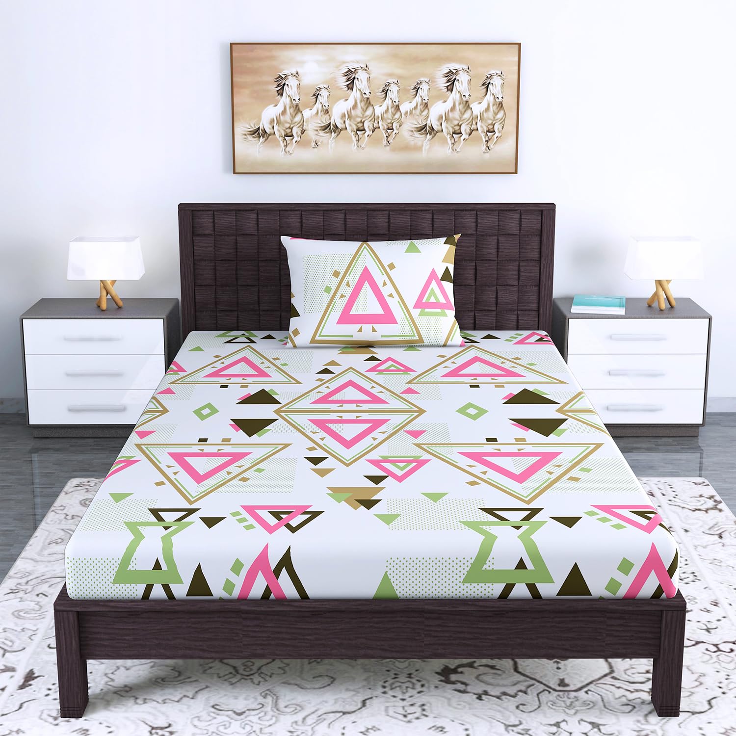 Divine Casa 144 TC 100% Cotton Single Bedsheet for Single Bed with 1 Pillow Cover | Soft Breathable Comfortable Cotton Bedsheet Set for Bedroom & Guest Room | 145 x 223 cm (Pink Olive, Geometric)