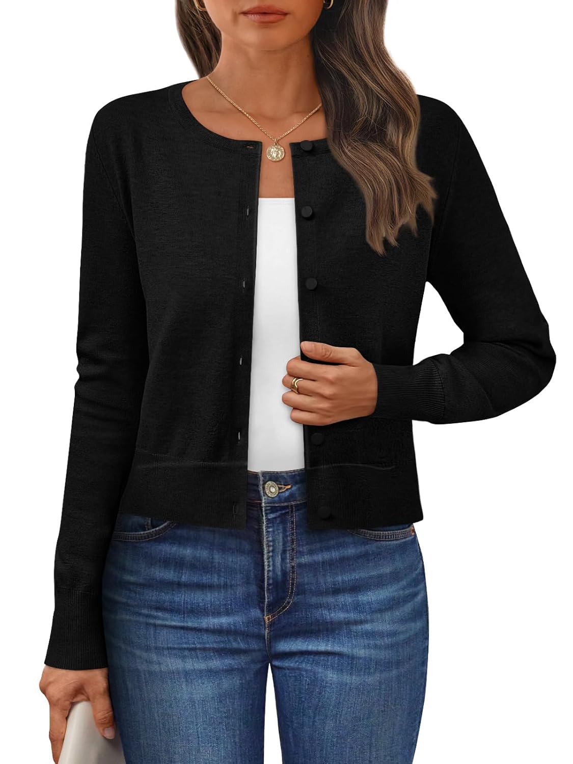 LILLUSORY Womens Cropped Cardigan Crew Neck Lightweight Crop Sweaters Fall Cute Button Down Knit Clothes 2025