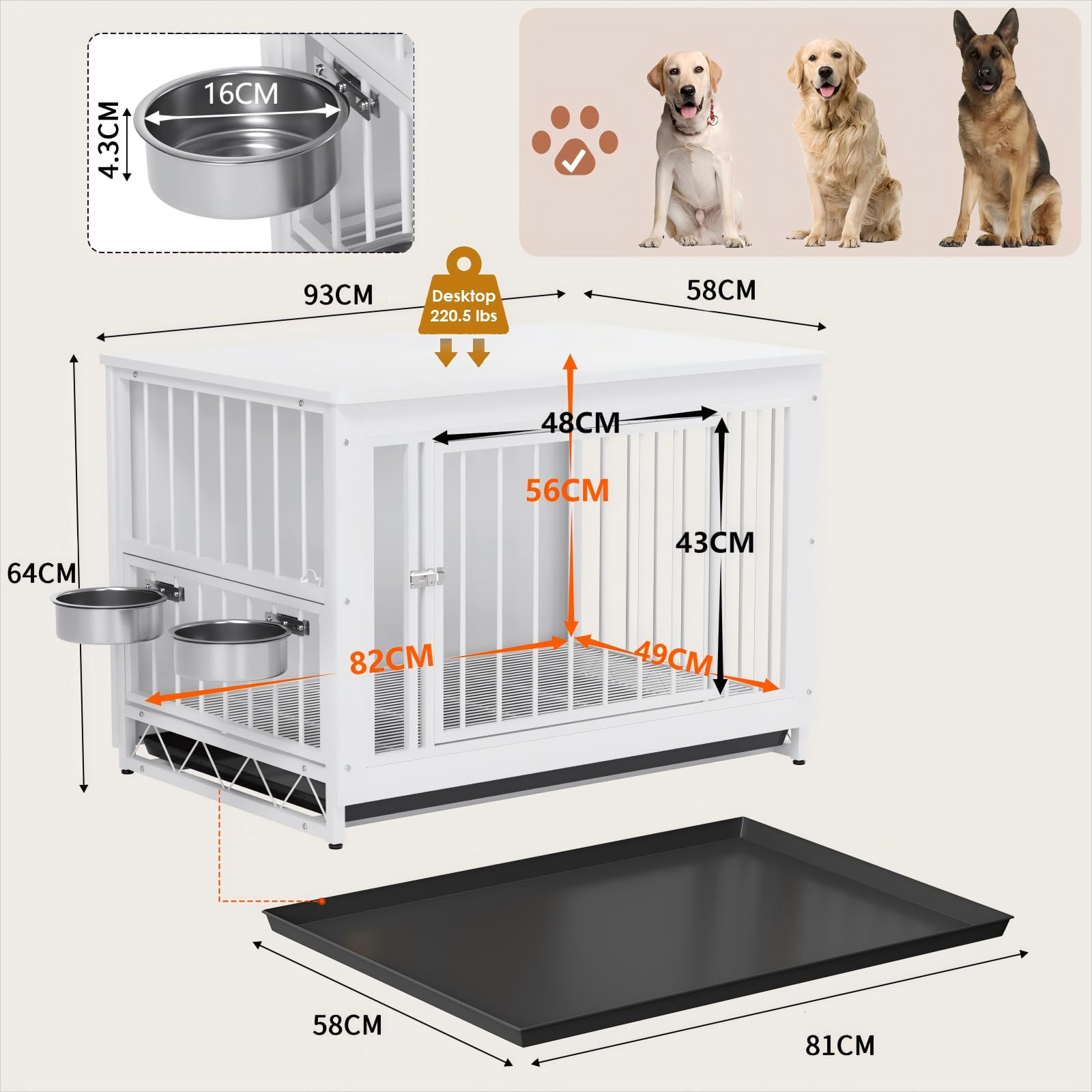 MAMIZO Gabbia per Cani Interno 93x64x58 CM, Tavolino, Armadietto, Casetta per Cani con 2 Ciotole e Porte, Kennel Cane con Vassoio Estraibile, gabbia cane Medio Piccolo, Bianco