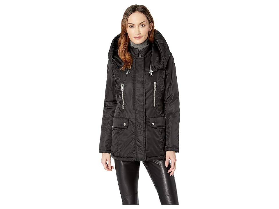 

Marc New York by Andrew Marc Hollis Flight Satin Patch Pocket Car Coat with Detach Hood (Black) Women's Coat