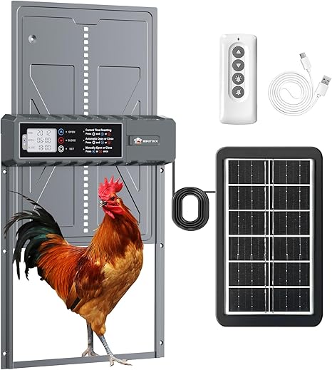 Automatic Chicken Coop Door Solar Powered with Timer, Remote Control, Anti-Pitch Aluminum Alloy Auto Chicken House Door for Chicken, Duck, Poultry, Weatherproof