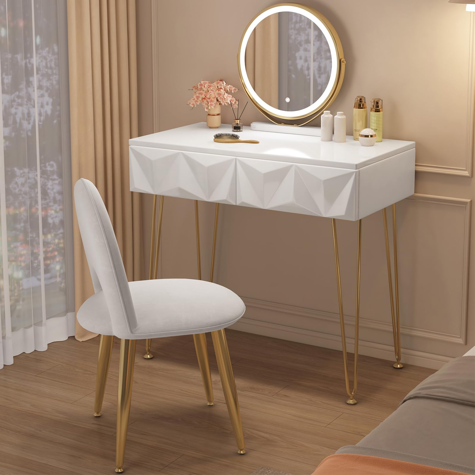 EUGAD Coiffeuse avec Miroir LED Réglable à 3 Niveaux, Table de Maquillage avec Chaise en Velours, avec 2 Tiroirs à Effet 3D en Bois Massif, Moderne, Blanc+Doré, 0056SZT