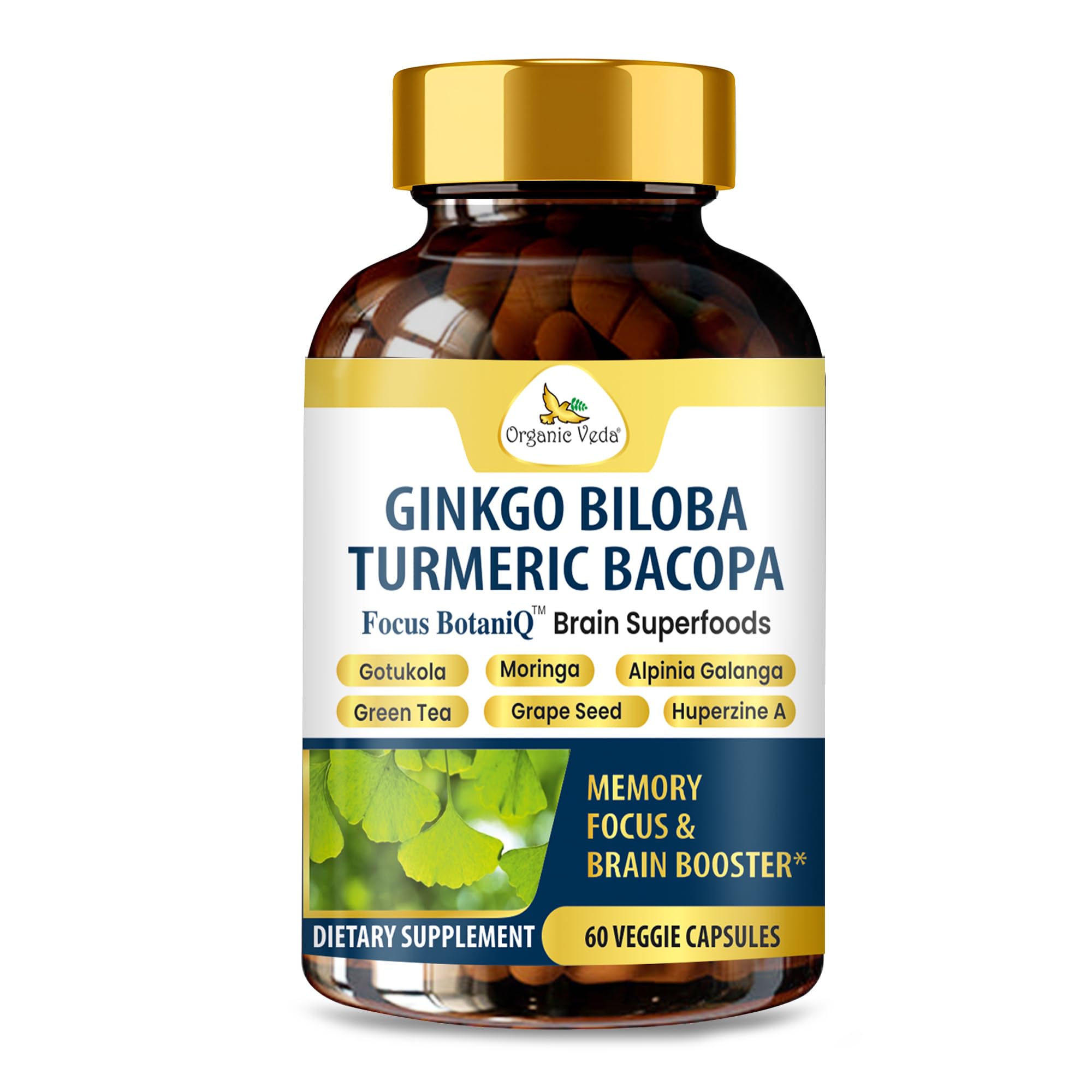 Organic Veda Ginkgo Biloba Turmeric Bacopa Brain Supplements for Memory and Focus - FocusBotaniQ Natural Brain Health Superfood, Cognitive, Energy, Mood Support for Men, Women & Seniors - 60 Capsules