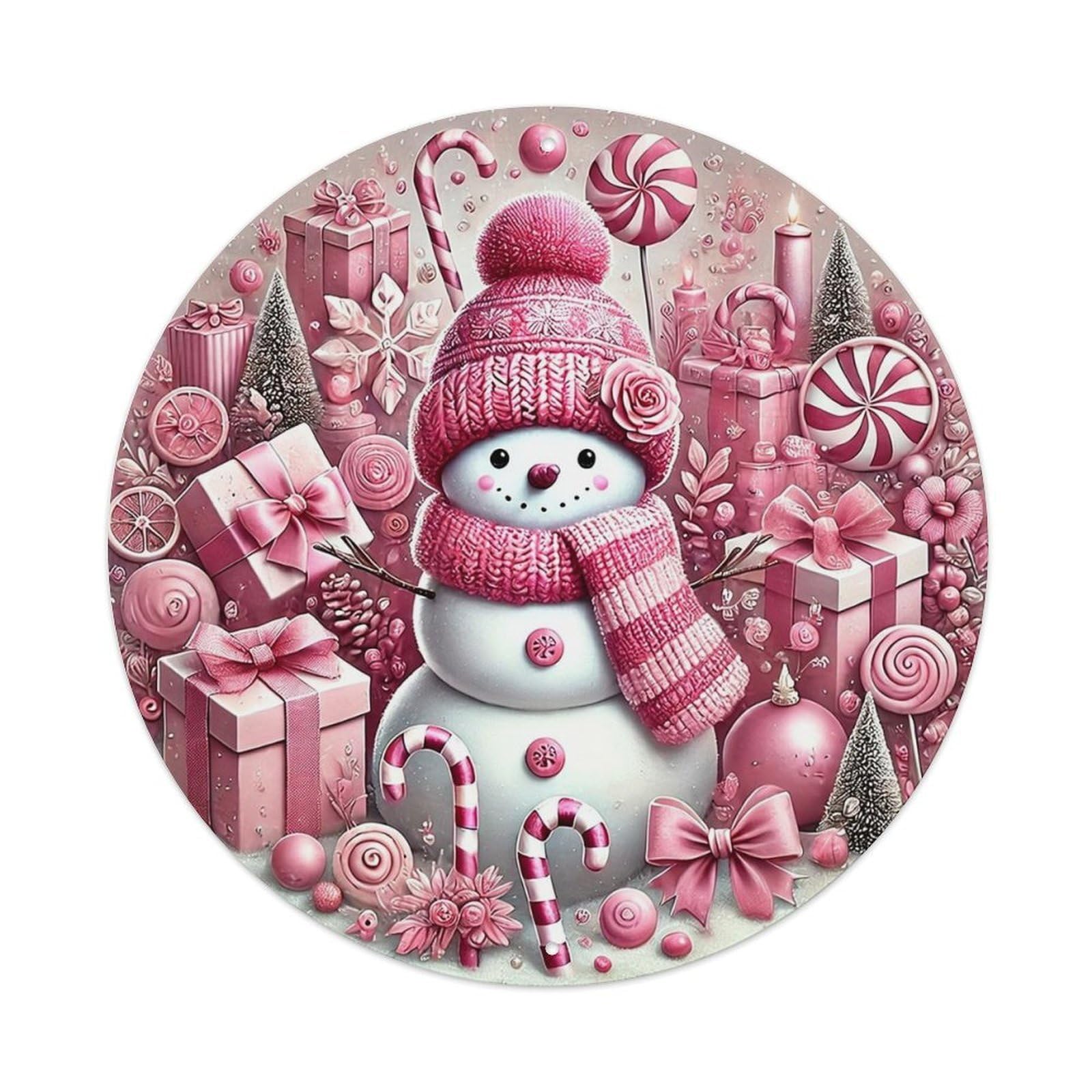 Jdyansheng Vintage Pink Snowman Candy Gift Pattern Tin Sign Metal Poster Metal Signs For Home Man Cave Bar Cafe Kitchen Laundry Room Wall Decorations 8X8 Inches
