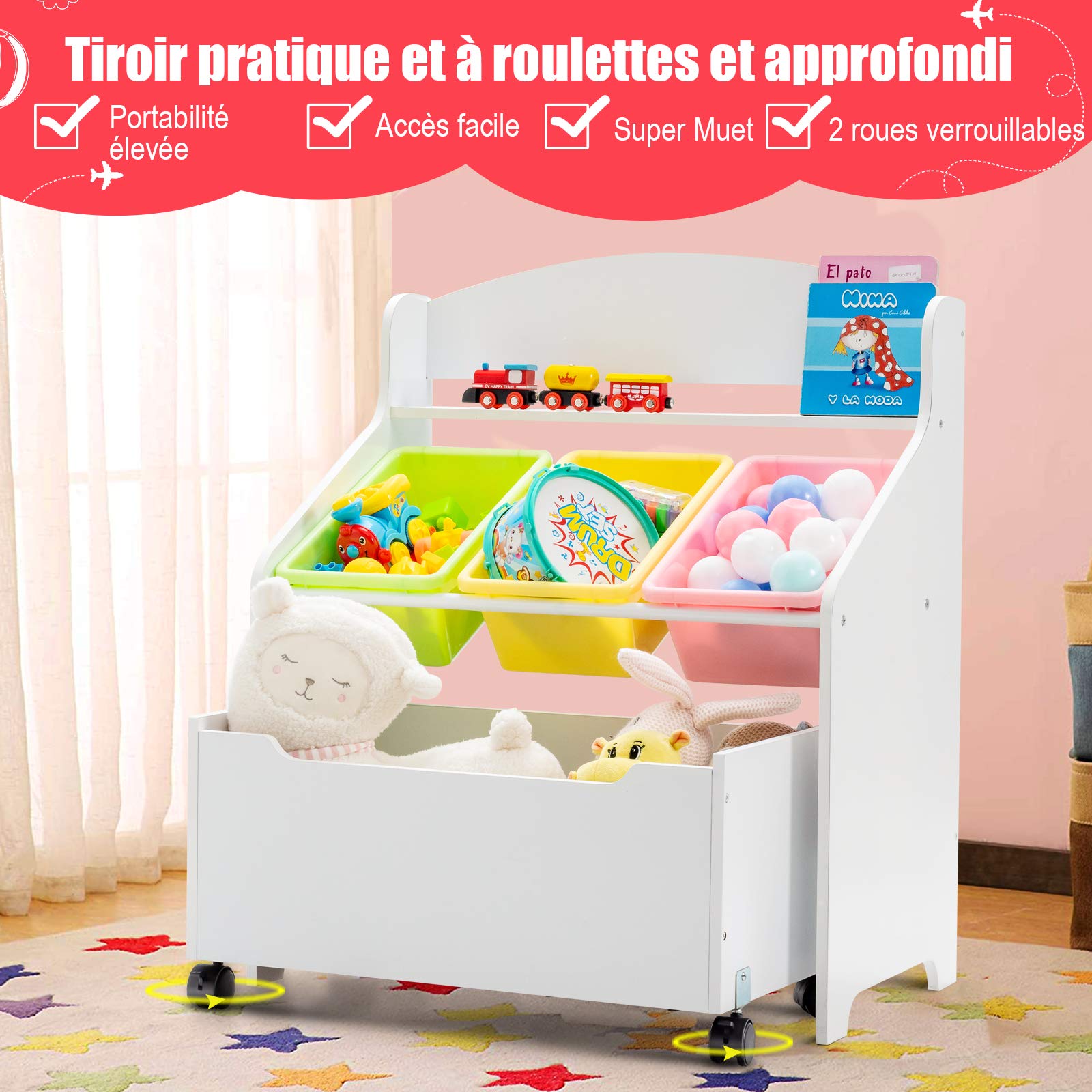 COSTWAY Coffre à Jouet Enfant avec 3 Bacs et 1 Tiroir à roulettes, Meuble Rangement Jouet en Bois avec Espace de Stockage, Design Moderne pour Jouets et Livres, 63,5 x 38 x 76,5CM