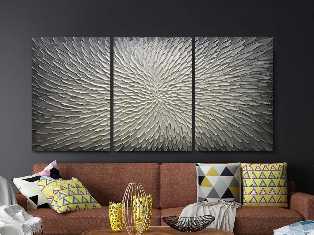 AMEI Art,20x30Inch Set of Three Hand Painted Textured Wall Art Neutral Abstract Gray White Oil Painting Contemporary Artwork Oil Hand Painting Wood Inside Framed Hanging Wall Decor