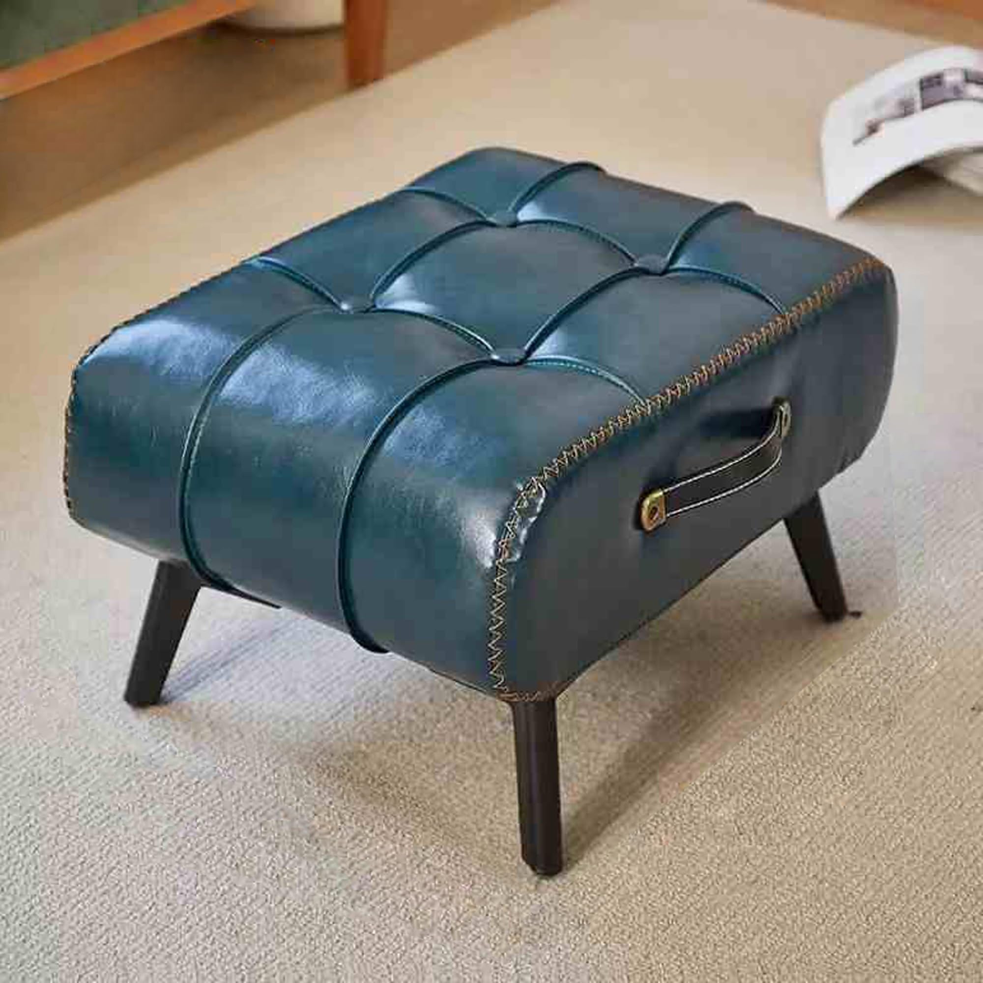 LMMIAOZ Solid Wood Frame Ottoman Foot Rest Small Leather Foot Stool for Couch Pouffe Shoe Change Stool Vintage Furniture Footstools and Ottomans Coffee Table Small Bench Blue Col