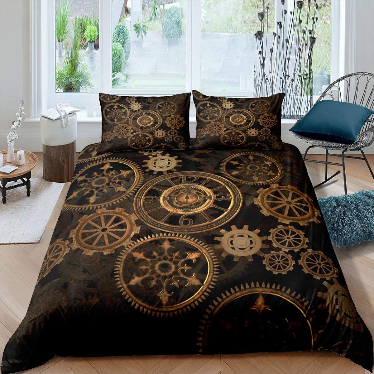 Homewish Boys Multi 28 Golden Ndustrial Gear Bedding Set Single Size Steampunk Style Duvet Cover Clocks Theme Comforter Cover For Men Mechanical Device Bedspread Cover, Black