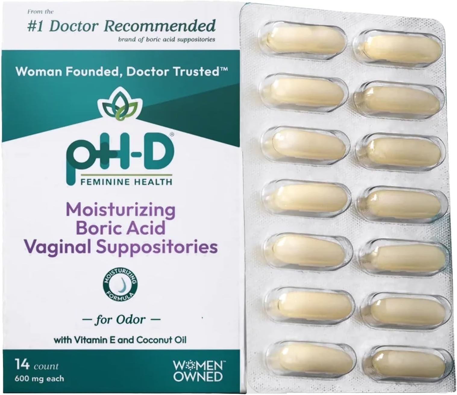 pH-D Feminine Health Support - Boric Acid Moisturizing Suppository - Woman Owned - for Vaginal Odor - Paraben-Free and Cruelty-Free - 14 Count