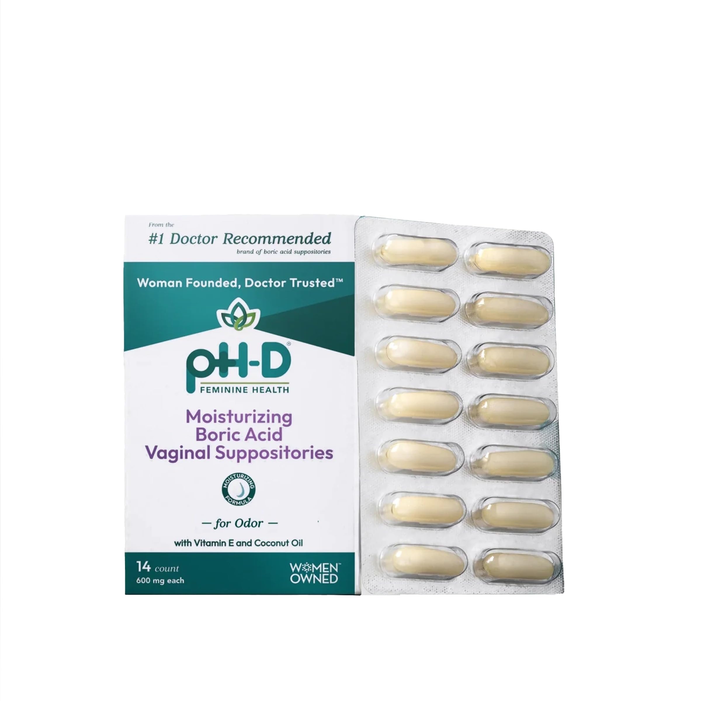 pH-D Feminine Health Support - Boric Acid Moisturizing Suppository - Woman Owned - for Vaginal Odor - Paraben-Free and Cruelty-Free - 14 Count