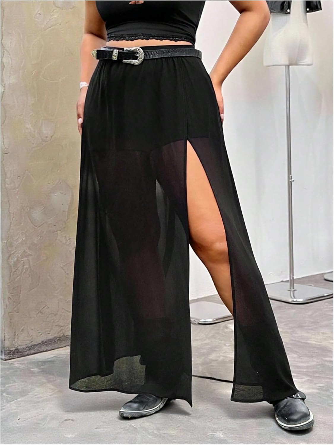 GORGLITTER Women's Plus Size Maxi Skirt Sexy Sheer Mesh Split High Waisted Fall Party Gothic Rave Wrap Long Flowy Skirt