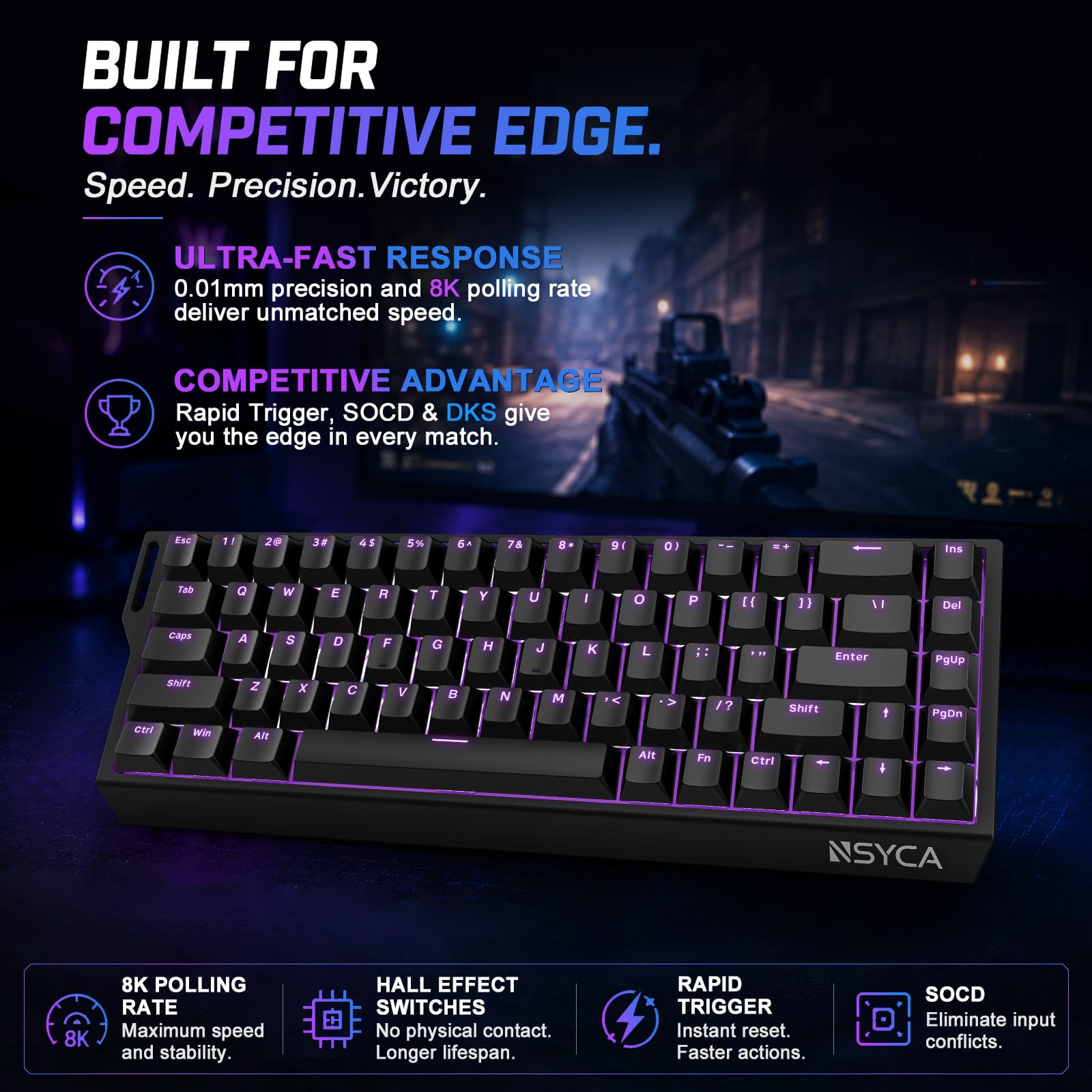 WIN68 HE - Tastiera da gioco magnetica con attivazione rapida, frequenza di polling 8000 Hz, DKS e SOCD, azionamento regolabile da 0,01 mm, tasti RGB PBT, tastiera cablata al 60% per FPS Gaming