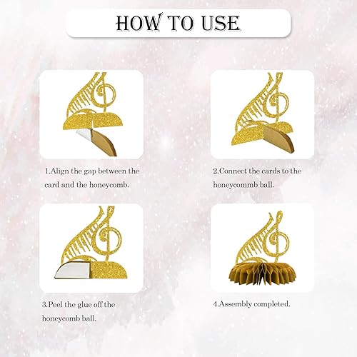 Miniatura 3 de Maicaiffe Decoraciones de centros de mesa de nido de abeja con notas musicales, 8 piezas con purpurina, decoración de mesa para fiesta temática