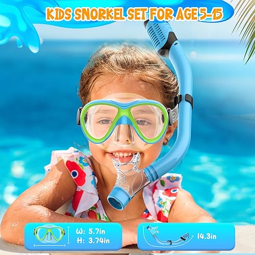 Miniatura 6 de Kids Snorkel Set, Dry Top Snorkeling Gear for Kids, Diving Mask for Youth Boys Girls Age 5-15, Tempered Glass Swimming Goggles Combo Set, Anti-Fog