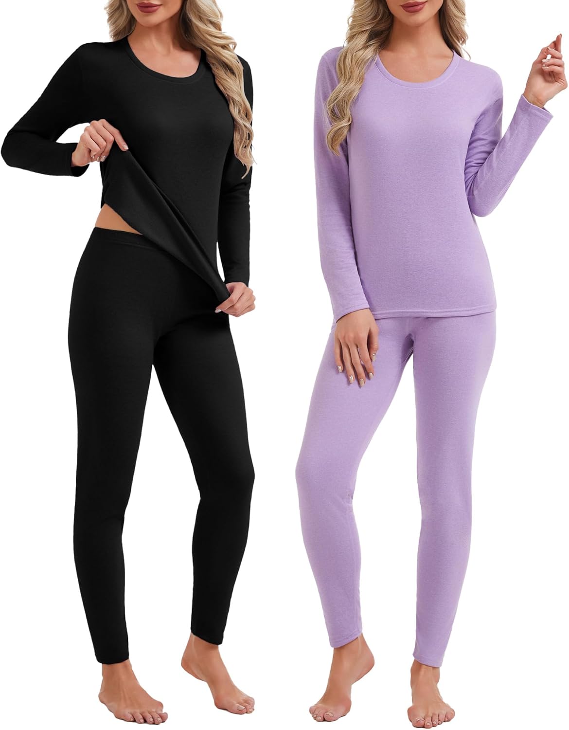Patelai 2 Sets Thermal Underwear for Women Warm Fleece Lined Base Layer Skiing Top and Bottom Pajama for Cold Weather