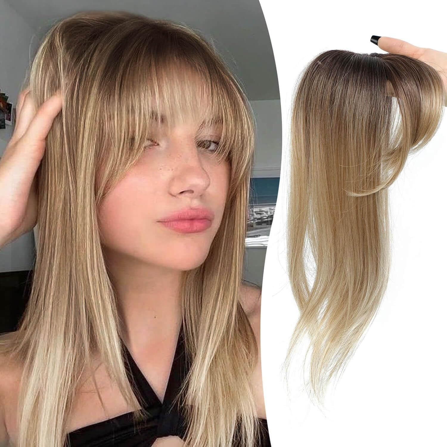 MORICHY Clip in Bangs 360° Bangs Hair Clip Fake Bangs with Topper Long Layered Hair Clip on Bangs for Women Ombre Brown Blonde Bangs Clip in Hair Extensions Curved Bangs for Daily Use