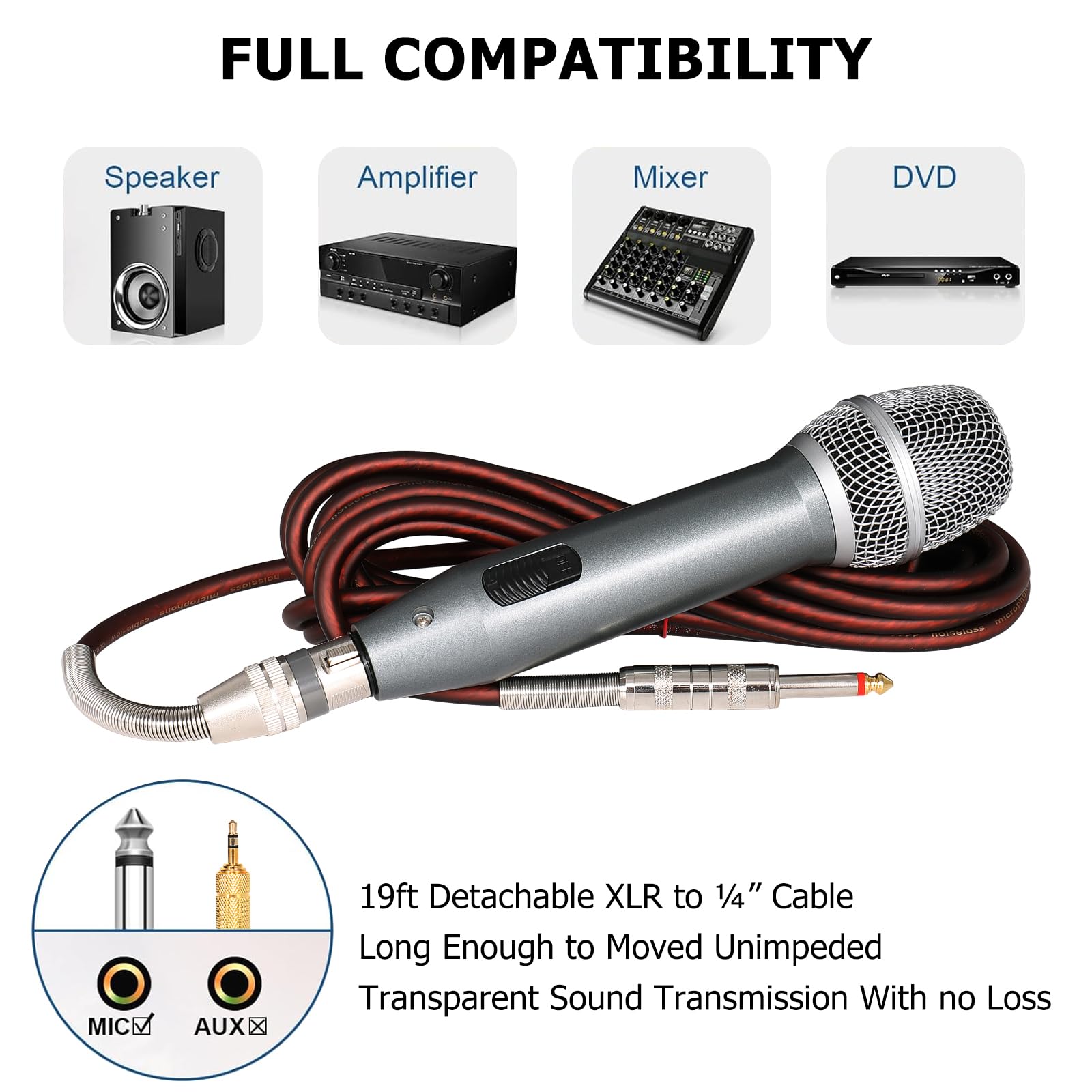 Dynamisches Kabelmikrofon mit 5m Kabel, Studiomikrofon, reines Kupferkabel, magnetischer Stummschalter, für Singen, Karaoke, Bühnenauftritt, Sprache (Grau, P6)