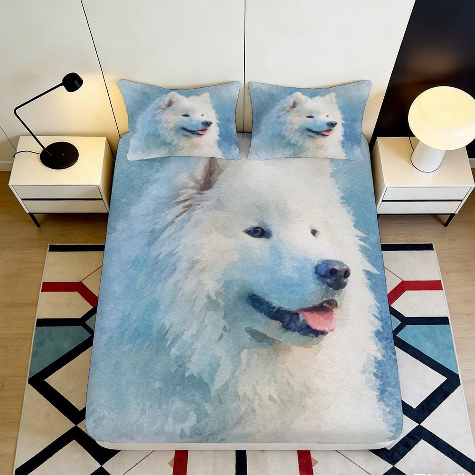 3D Printed White Samoyed Dog Fitted Sheet Microfiber Soft Animal Art Bed Sheet for Bedroom Guest Room Decor Mattress Cover 90x200x25cm