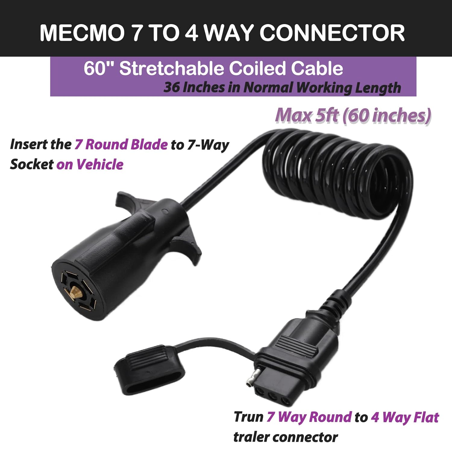 MECMO 7 Pin to 4 Pin Extension Coiled Cable 5Ft with Heavy Duty 7 Way Trailer Plug Cord Double Prongs Connector 8 Feet Kit