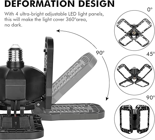 Miniatura 3 de Paquete de 4 luces LED de garaje, luz LED ultra brillante de 120 W con 4 paneles ajustables, base E26/E27 de 12000 lm para garaje, taller, ático,