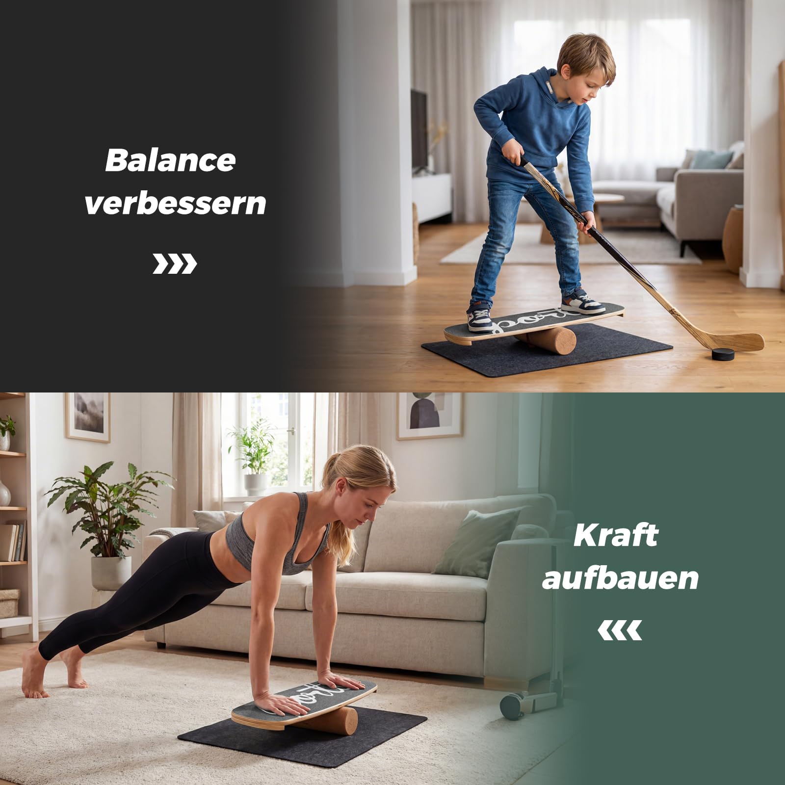COSTWAY Balance Board, 17 mm Wackelbrett mit 10 cm Korkrolle & Filzmatte, Surfboard aus Birkenholz bis 100 kg belastbar, Balancierbrett mit rutschfester Oberfläche für Kinder, Erwachsene