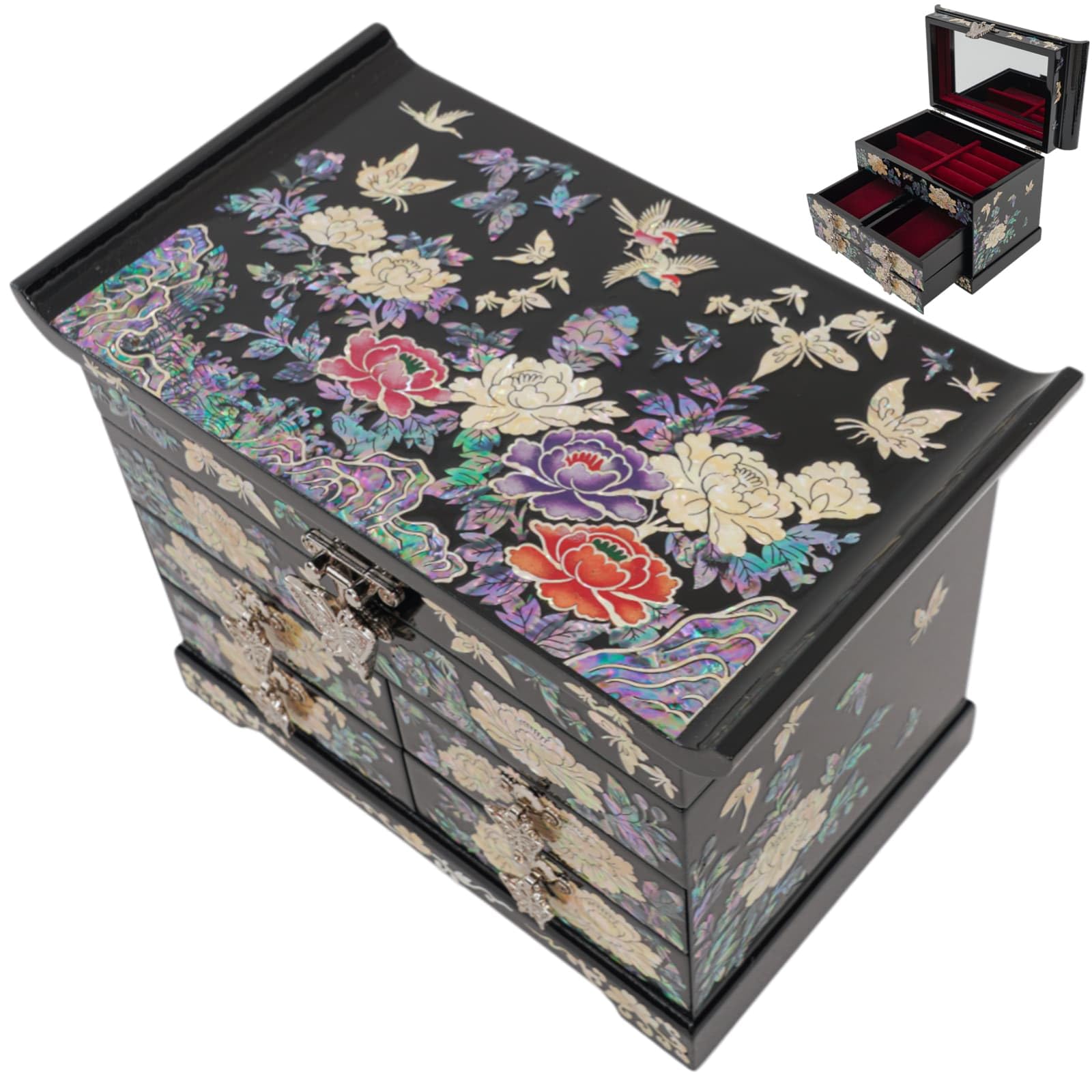 February Mountain Mother of Pearl Wooden Jewelry Organizer Box – Jewelry Storage Box for Women, Features Spacious Drawers, Ideal for Rings, Bracelets, Watches, Chains, Accessories (Colorful Flowers)