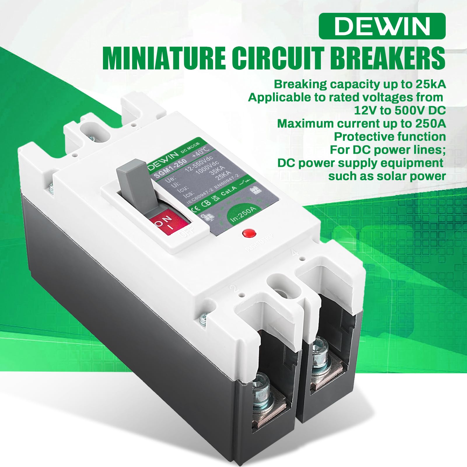 DEWIN DC Leitungsschutzschalter 250A, DC-Leistungsschalter MCCB Gehäuse Solar Batterie Hauptschalter Batterie Trennschalter 2P 250A 500V