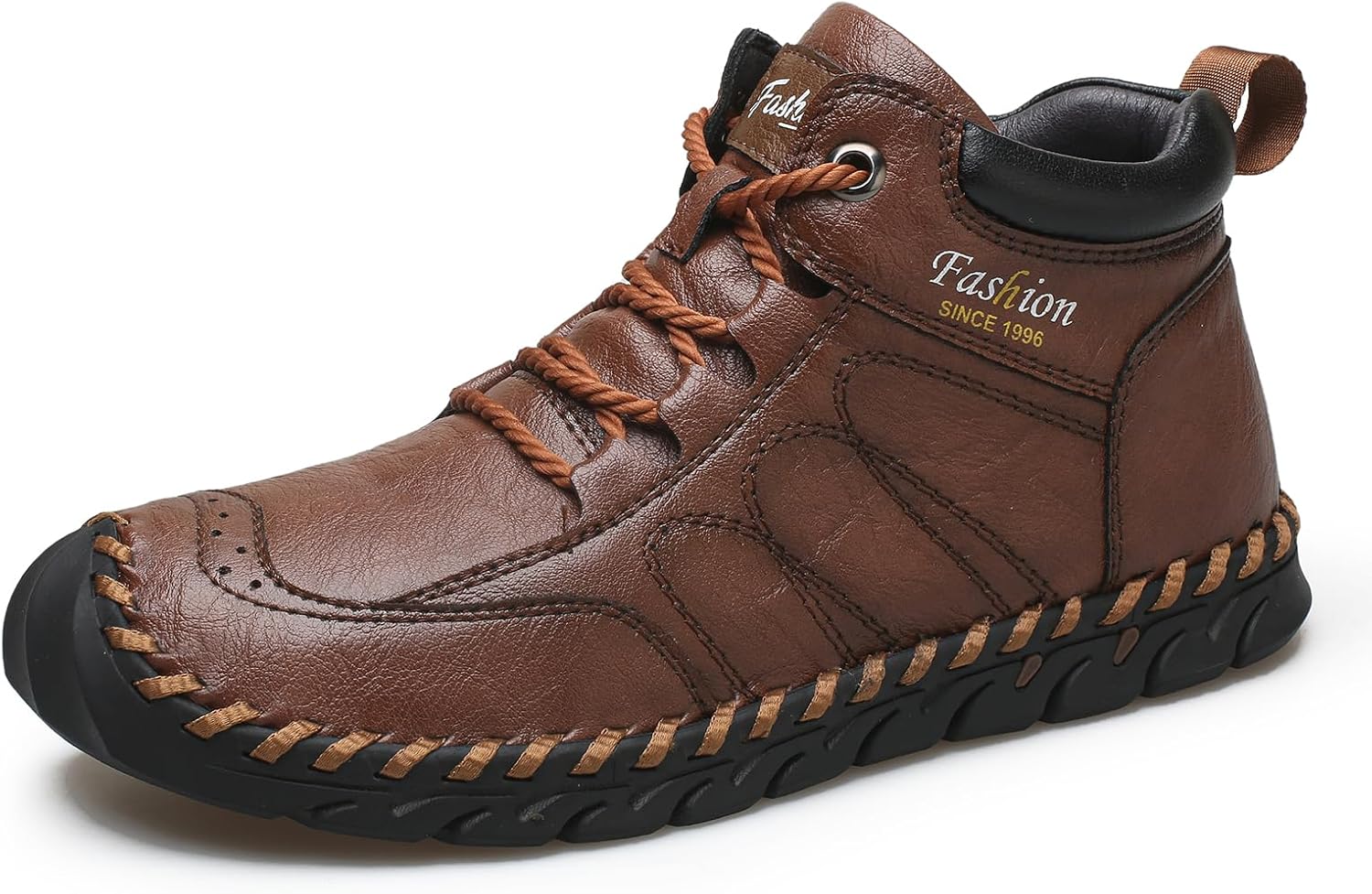 Men's Leather Handmade Lace Up Ankle Boots Retro Round Toe Hand Stitching High Top Sneakers Outdoor Hiking Working Driving Casual Chukka Boots - Image 5