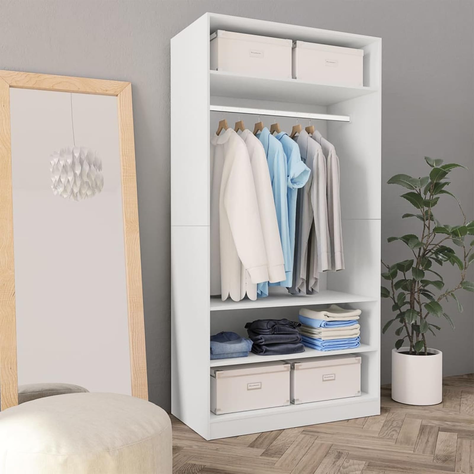 Homgoday Guardaroba bianco 100 x 50 x 200 cm in legno di ingegneria, organizer per guardaroba con 3 ripiani, armadio portaoggetti per vestiti, camera da letto, cabina armadio, scrivania