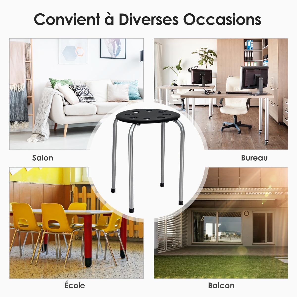 GOPLUS Lot de 6 Tabourets Empilables, Tabourets Légers sans Dossier avec Cadre en Métal Et Siège en Plastique, Tabourets Ronds Polyvalents, Noir/Couleurs Assorties/Noir + Gris (Gris Foncé)