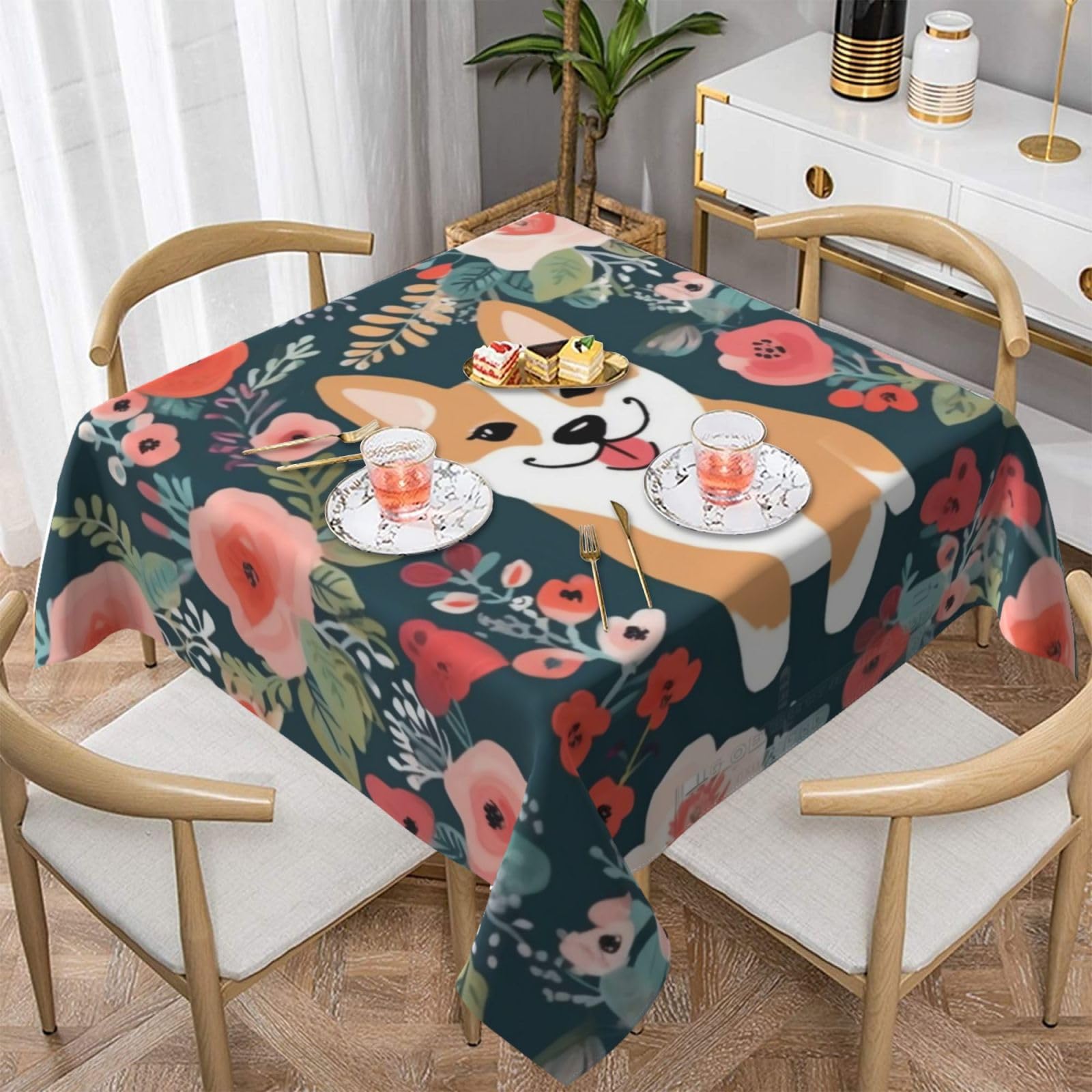 WPKJU Corgi Floral Flowers Printed Square Tablecloth 54x54 inch Water Resistant Table Cover Washable Rectangle Table Cloth for Dining Tables