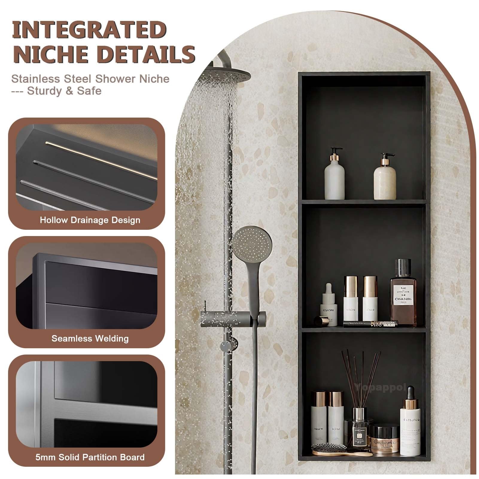 Estante de ducha impermeable de acero inoxidable para baño y dormitorio, pantalla integrada (90 cm x 28 cm x 12,5 cm) – Ahorro de espacio