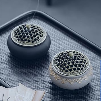 Ceramic Incense Burner Vintage Incense Burner with Metal Lid and Fireproof Incense Holder Holder Round Chinese Porcelain Incense Bowl for Home Meditation Room Living Room Office Decoration