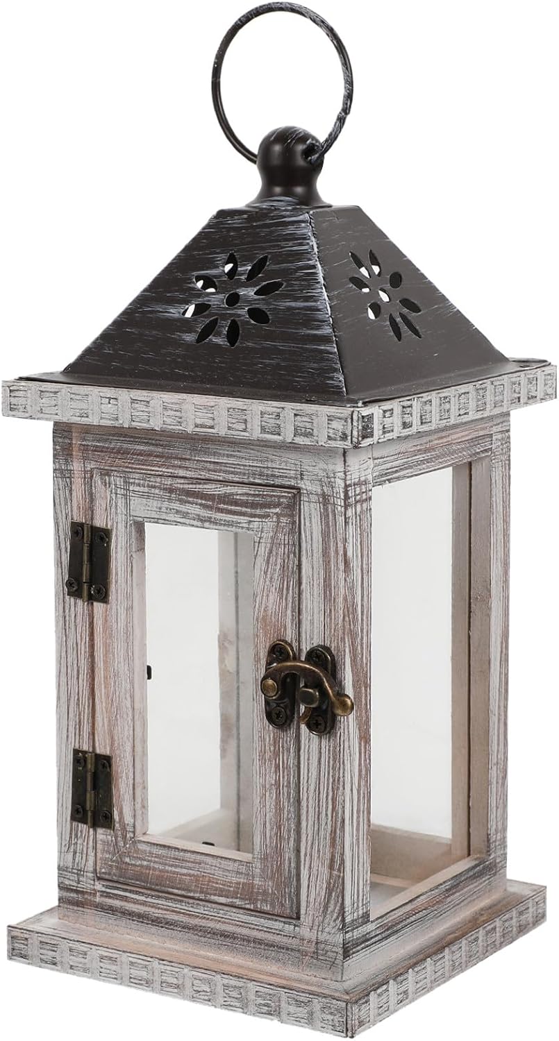 Windproof Decorative Candle Lantern Iron Art Wood Candle Stand Nordic Style Hanging Candlestick Holder for Home Living Room Patio Table Decor