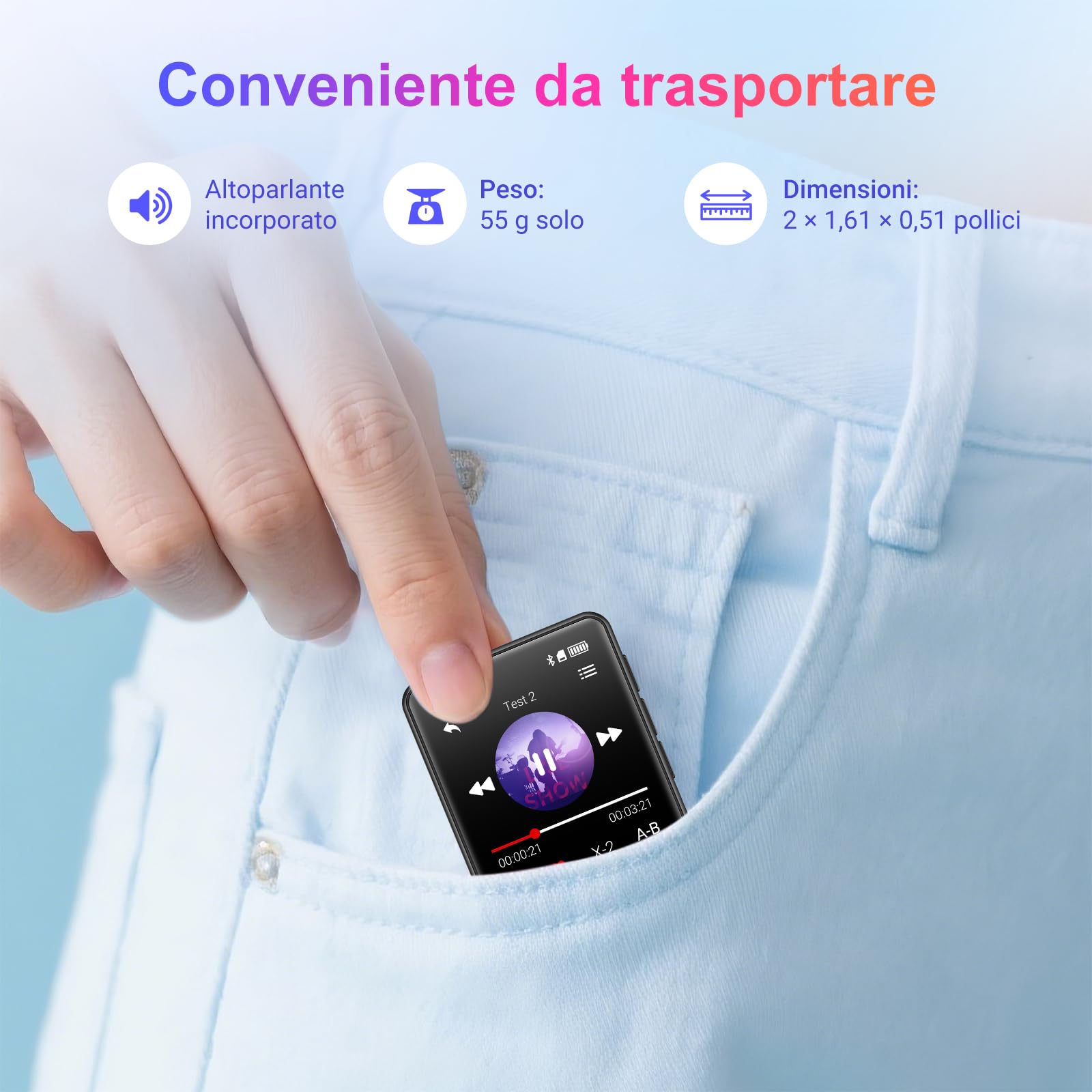 Lettore MP3 Bluetooth - 128GB Lettore Musicale, Altoparlante Integrato e radio FM, Mini Touchscreen da 1,8'' MP3 - Perfetto per Bambini e Sport (nero)