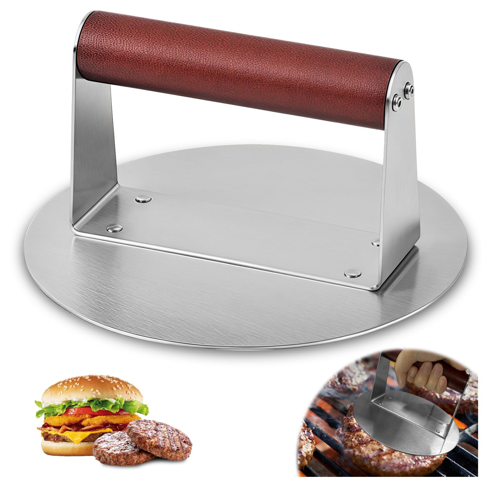 Smash Burger in Acciaio Inossidabile per Casa/Griglia, Pressa per Hamburger Lavabile in Lavastoviglie con Manico in Legno, 6,3 Pollici/Ø 16 cm