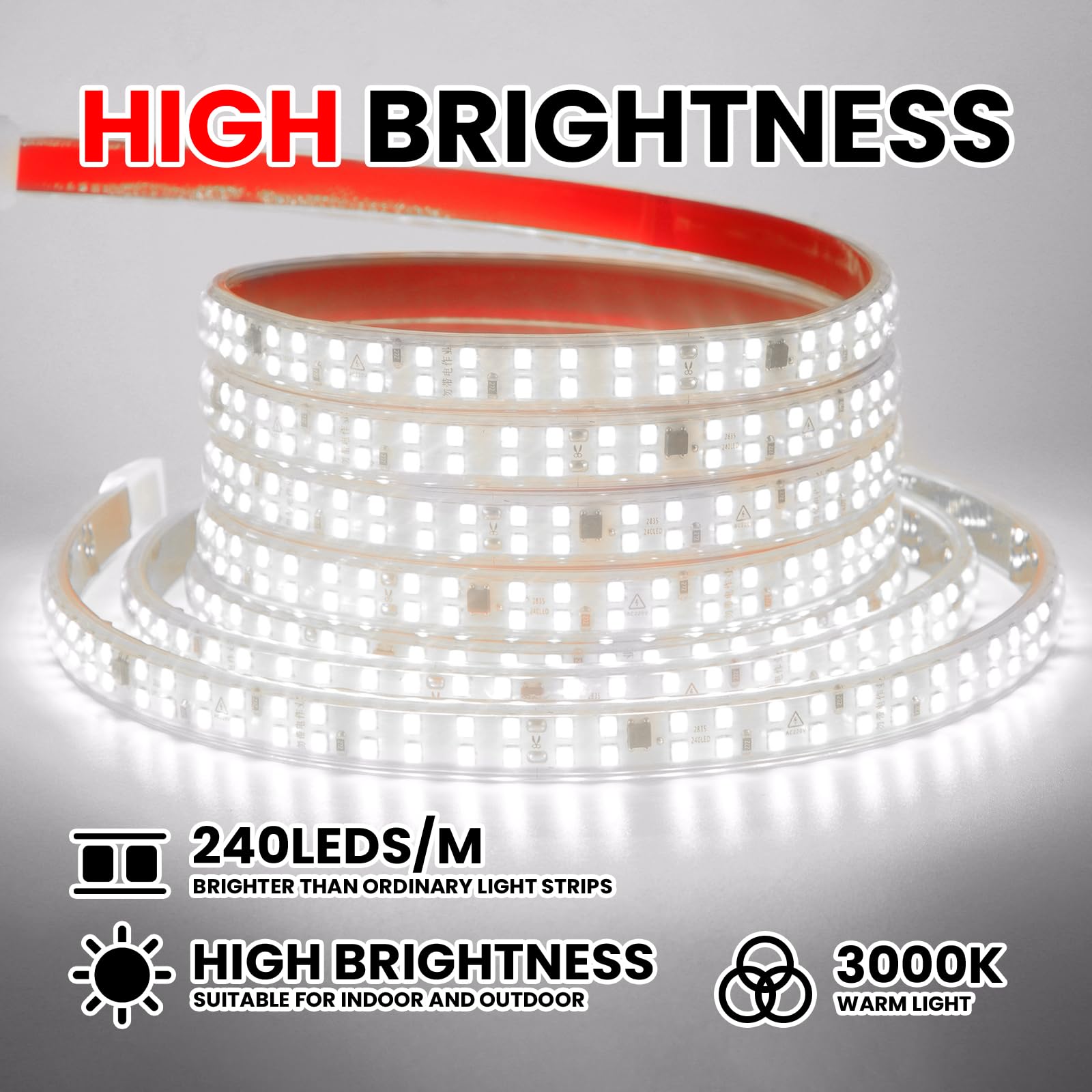 Tira LED 220V con Encendido/Apagado [20m, Blanco 6000-6500K], SMD2835, 240 LEDs/M IP65 Impermeable Flexible Tira LED CRI85+, Cortable 10cm, Decoración DIY para Hogar/Tienda