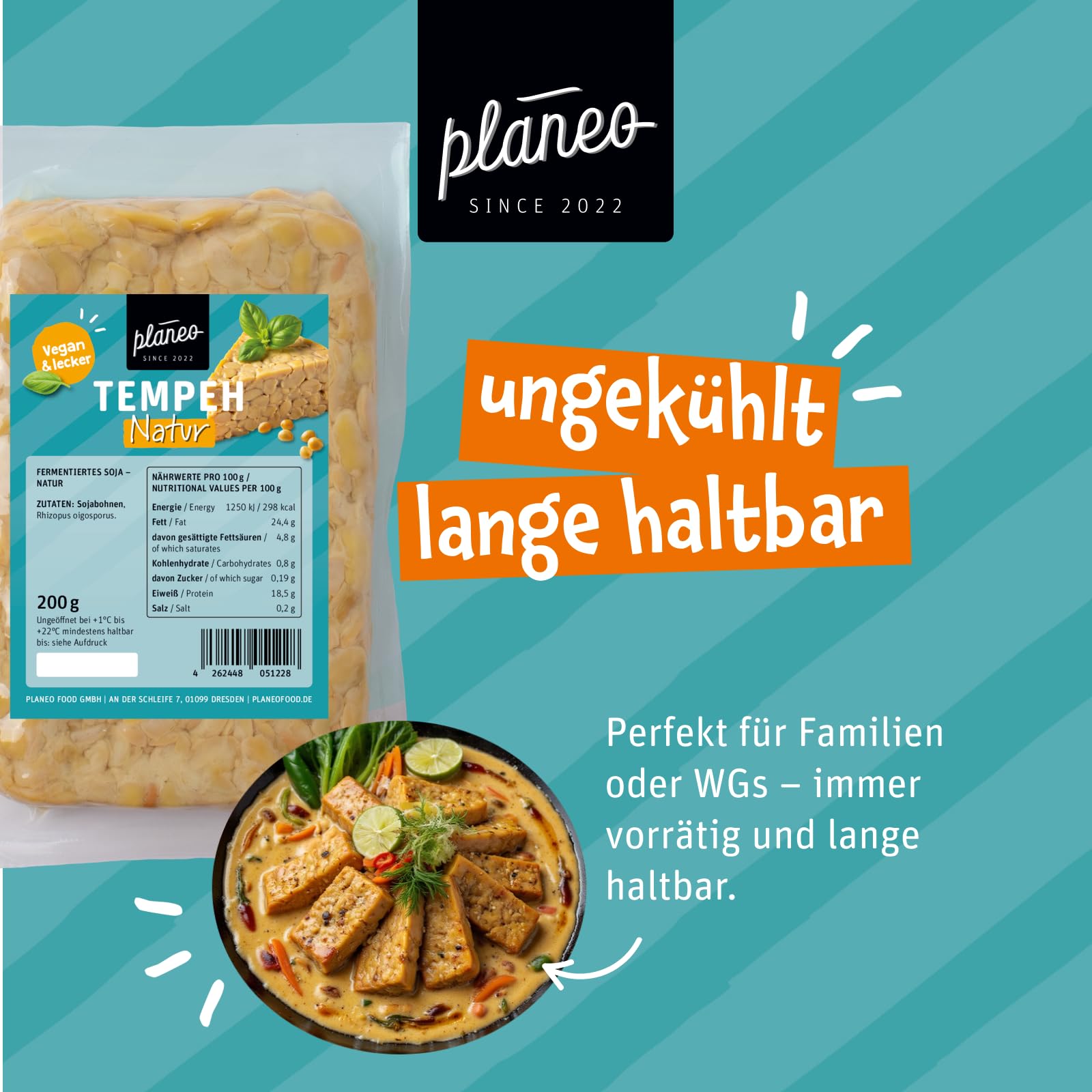 Planeo Tempeh Natur 6x200g - Beste Qualität - Lange, ungekühlt haltbar - Soja aus der EU - Planeo (6 x 200g)