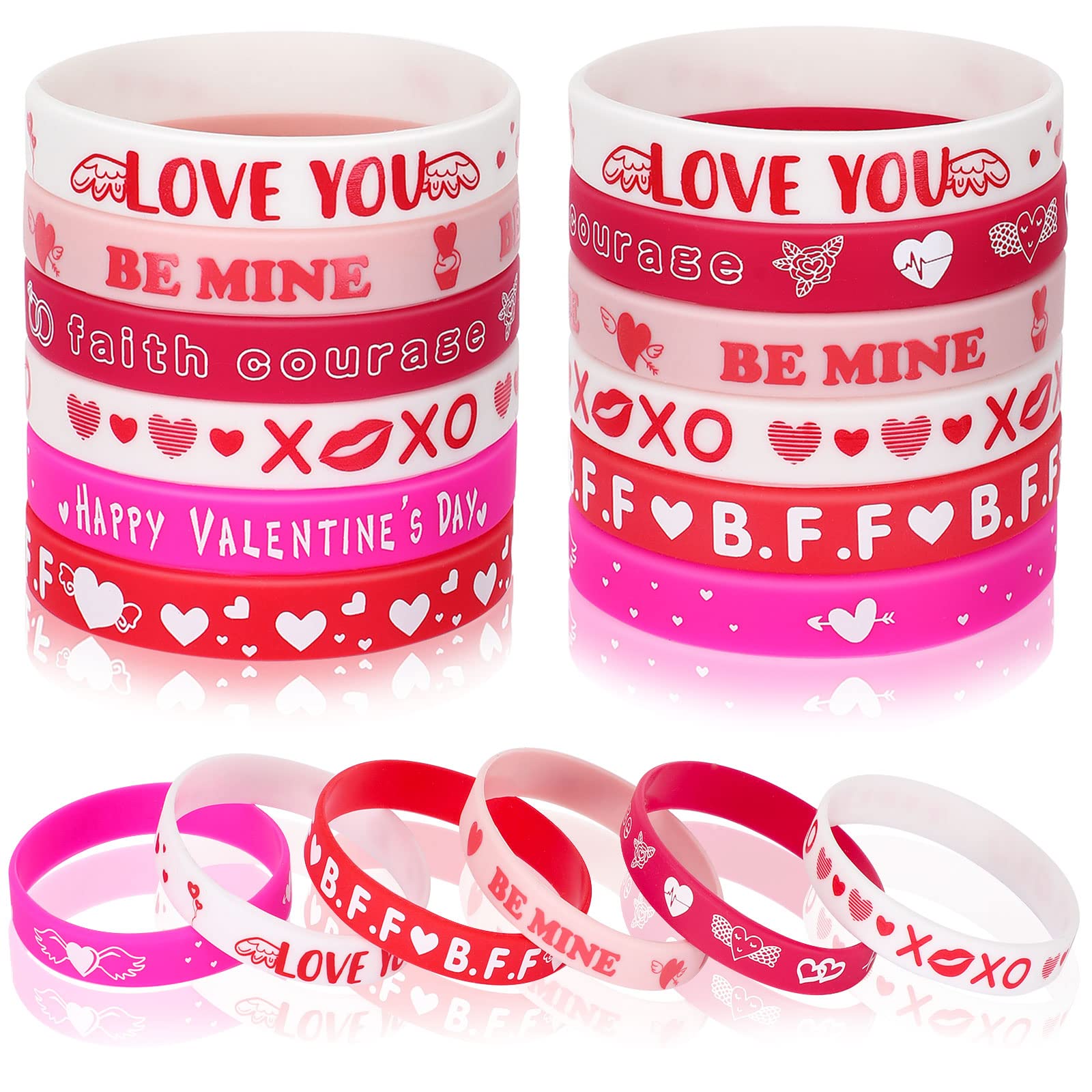 JUNEBRUSHS 24pcs Valentine's Day Party Favors Silicone Bracelets Red Pink Love Heart Wristbands for Kids Adults Valentine's Day Party Decorations Gift (6 Designs)